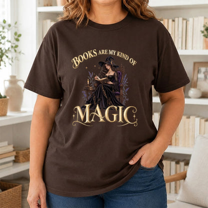 Books Are My Kind Of Magic Printed T-Shirt | Halloween Feminine Magic Reader Gift Dark Chocolate