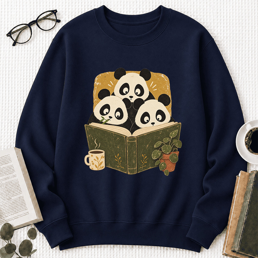 Curious Pandas Reading Crewneck Sweatshirt | Panda Lover & Reader Gift Navy