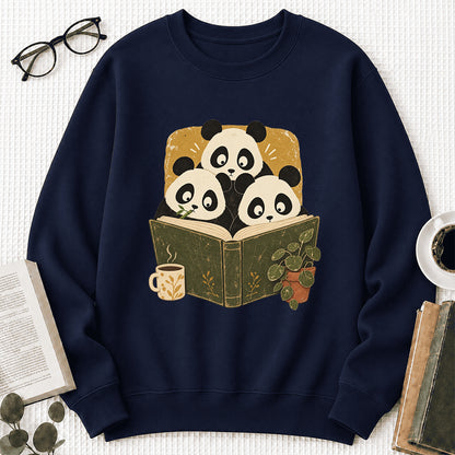 Curious Pandas Reading Crewneck Sweatshirt | Panda Lover & Reader Gift Navy