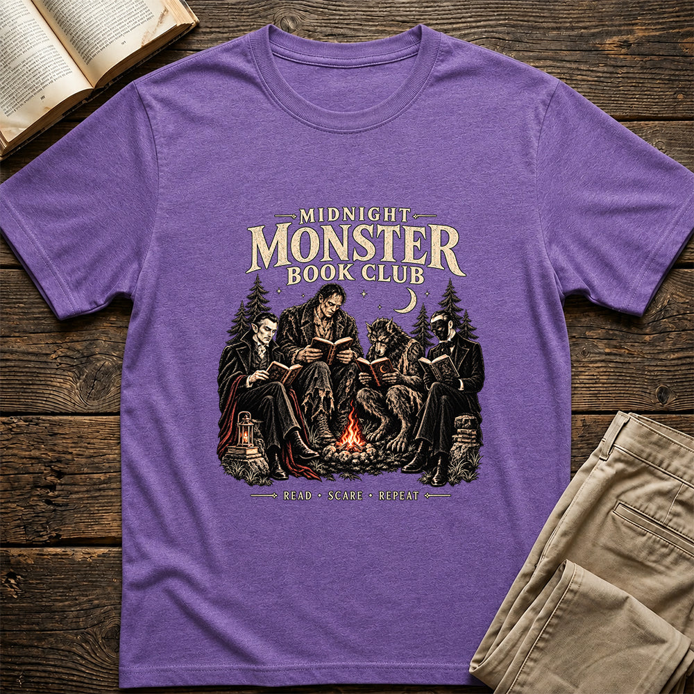 Midnight Monster Book Club Printed T-Shirt | Halloween Book Lover Gift Heather Purple