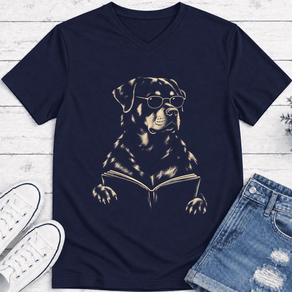 Rottweiler Reading Book Ultra-Soft V-Neck | Dog Mom Reader Gift Navy