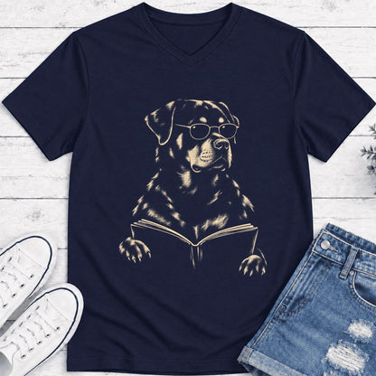 Rottweiler Reading Book Ultra-Soft V-Neck | Dog Mom Reader Gift Navy