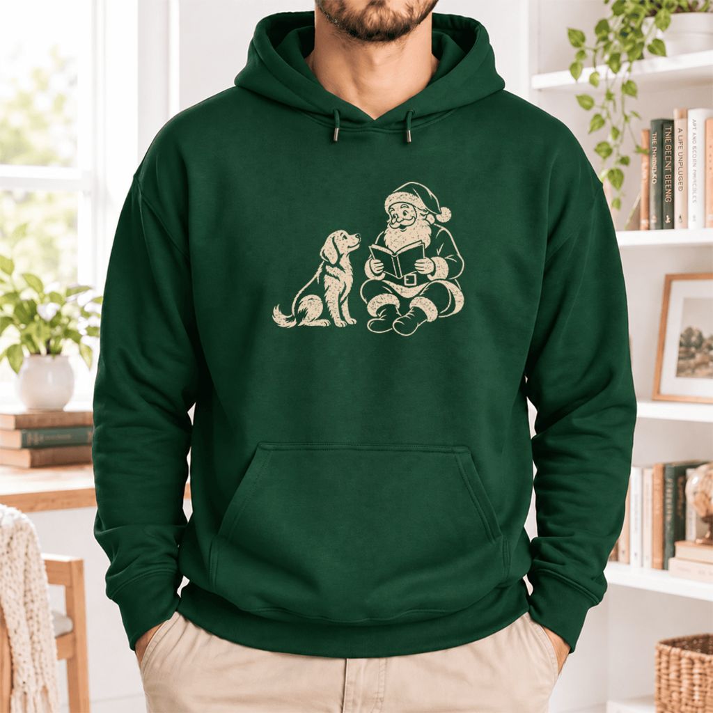 Funny Dog With Santa Christmas Softstyle Hoodie | Christmas Gift For Dog & Book Lover Forest Green