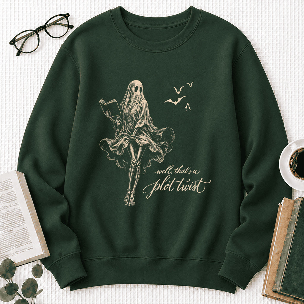 Funny Dress-Wearing Bookworm Ghost Printed Sweatshirt | Halloween Reader Gift Forest Green