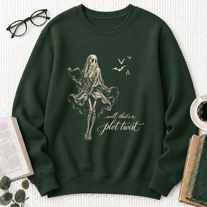 Funny Dress-Wearing Bookworm Ghost Printed Sweatshirt | Halloween Reader Gift Forest Green