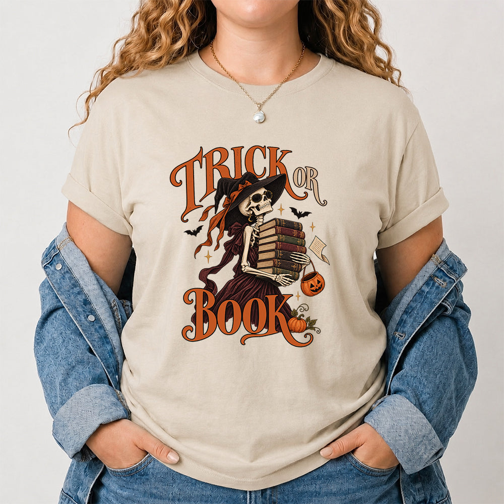 Trick Or Book Lady Printed T-Shirt | Halloween Book Lover Gift Sand