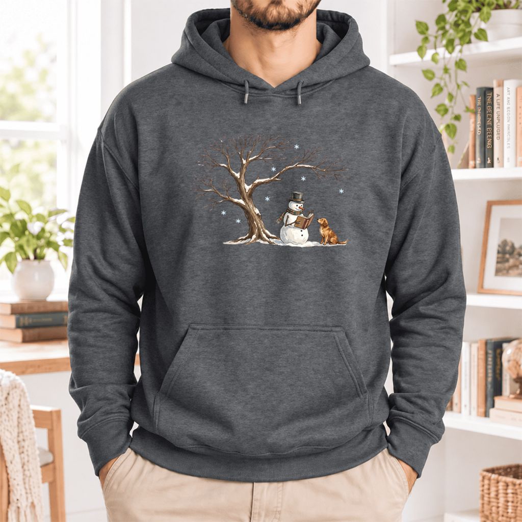 Golden Retriever And Snowman Under Tree Softstyle Hoodie | Christmas Reader Gift Dark Heather