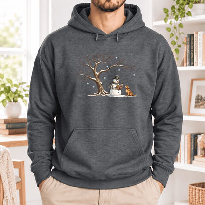 Golden Retriever And Snowman Under Tree Softstyle Hoodie | Christmas Reader Gift Dark Heather