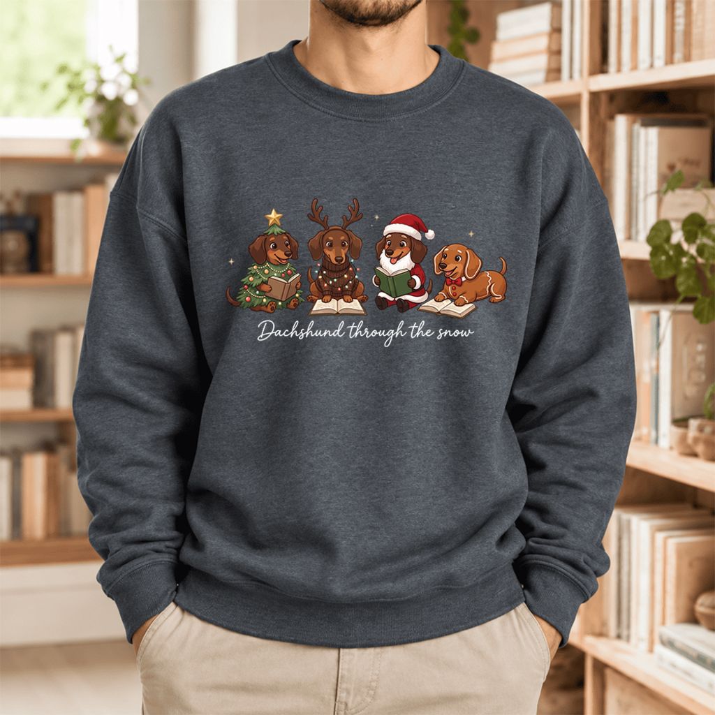 Dachshund Through The Snow Softstyle Sweatshirt | Christmas Book Lover Gift Dark Heather