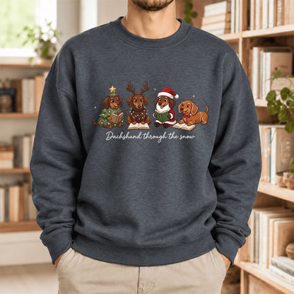 Dachshund Through The Snow Softstyle Sweatshirt | Christmas Book Lover Gift Dark Heather