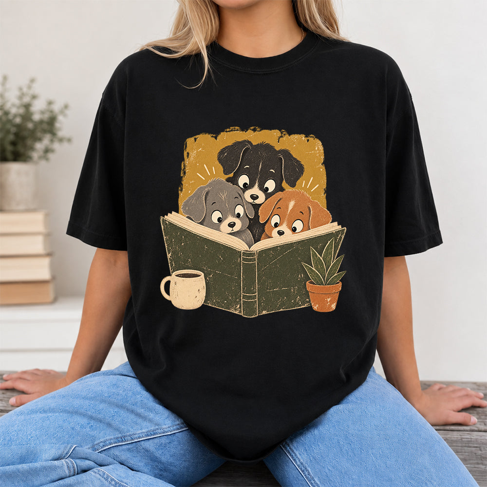 Minimal Japanese Dogs Reading Softstyle T-Shirt | Book Lover Gift Black