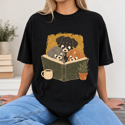 Minimal Japanese Dogs Reading Softstyle T-Shirt | Book Lover Gift Black