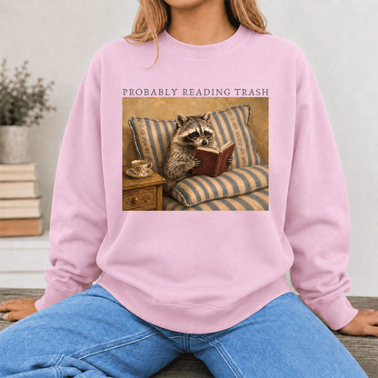 Probably Reading Trash Racoon Crewneck Sweatshirt | Reader Gift Light Pink