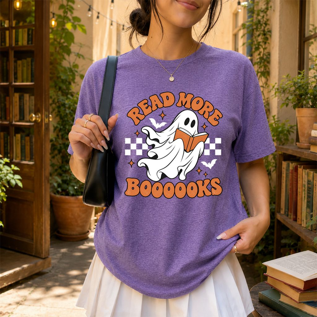 Read More Books Flying Ghost Printed T-Shirt | Halloween Book Lover Gift Heather Purple