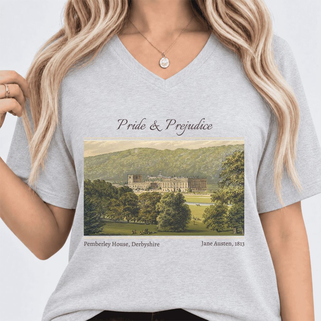 Pemberley House Pride And Prejudice Ultra-Soft V-Neck | Classic Literature Reader Gift Ash
