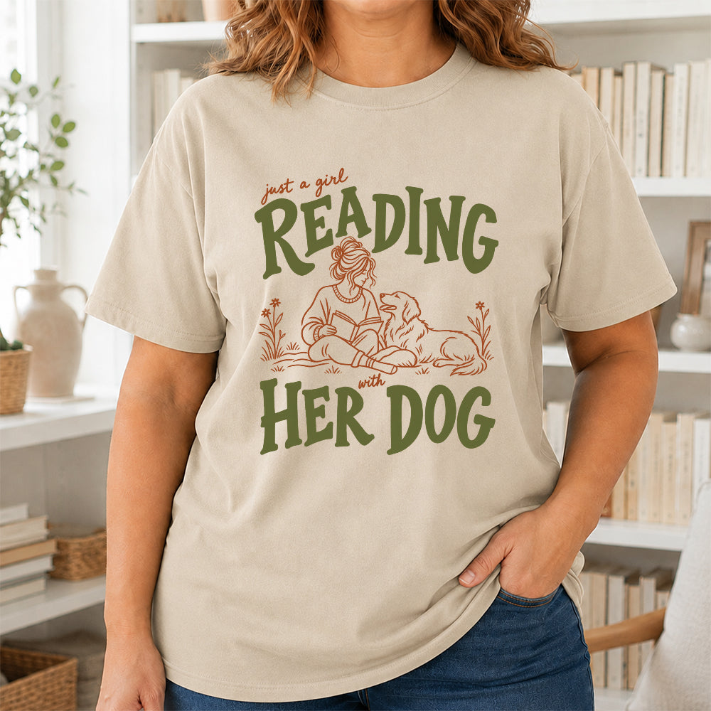 Just A Girl Reading With Her Dog Softstyle T-Shirt | Book Lover Gift Sand