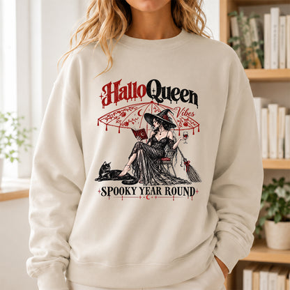 Halloqueen Spooky Year Round Printed Sweatshirt | Spooky Book Lover Gift Sand