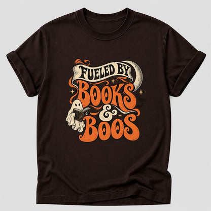 Fueled By Books & Boos Printed T-Shirt | Halloween Book Lover Gift Dark Chocolate