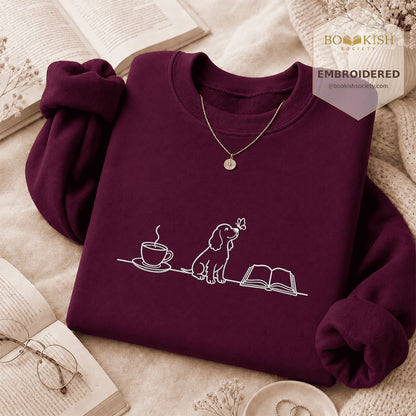 Coffee Dogs And Books Embroidered Sweatshirt | Reader Gift Maroon