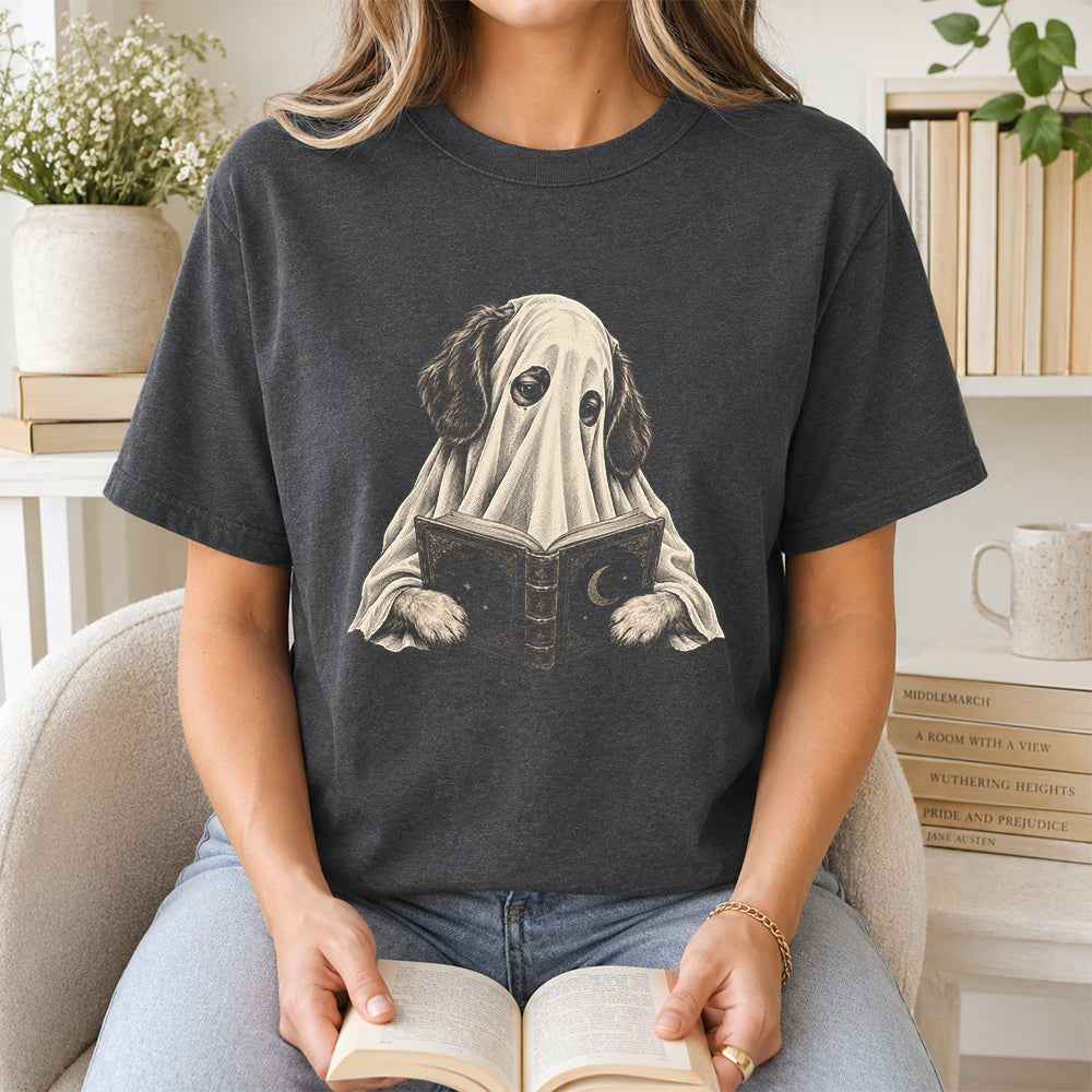 Reading Ghost Dog Printed T-Shirt | Halloween Dog Lover Gift Dark Heather