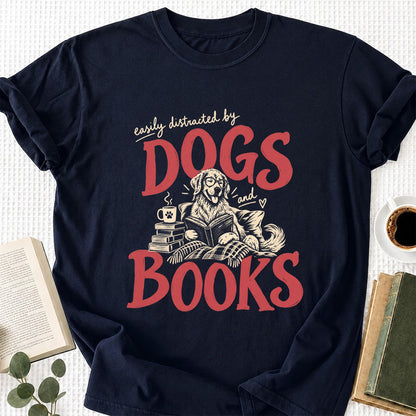 Easily Distracted By Dogs And Books Softstyle T-Shirt | Book Lover Gift Navy