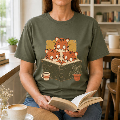 Minimal Japanese Tigers Reading Softstyle T-Shirt | Book Lover Gift Military Green