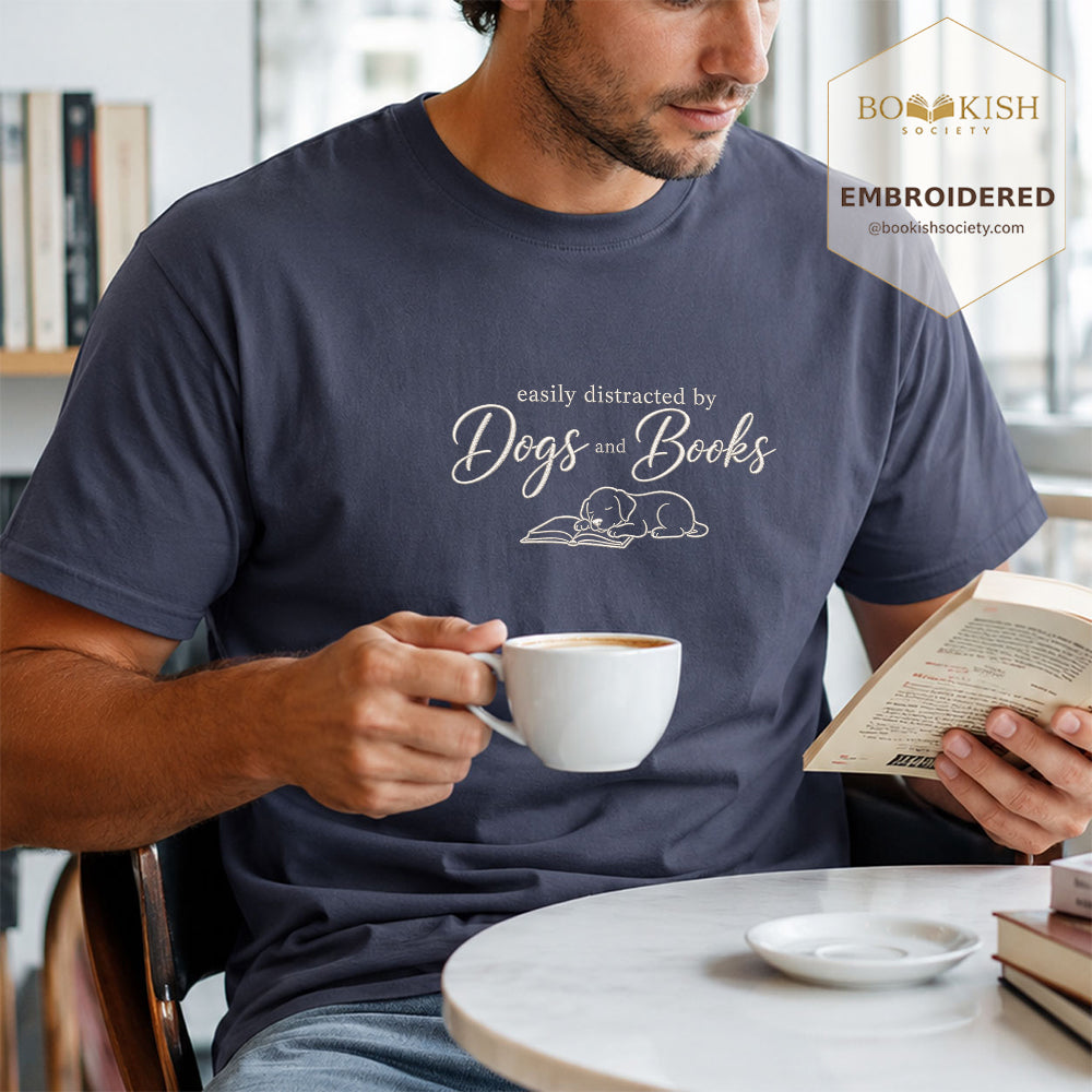 Easily Distracted By Dogs And Books Embroidered Comfort Color® T-shirt | Book Lover Gift Denim
