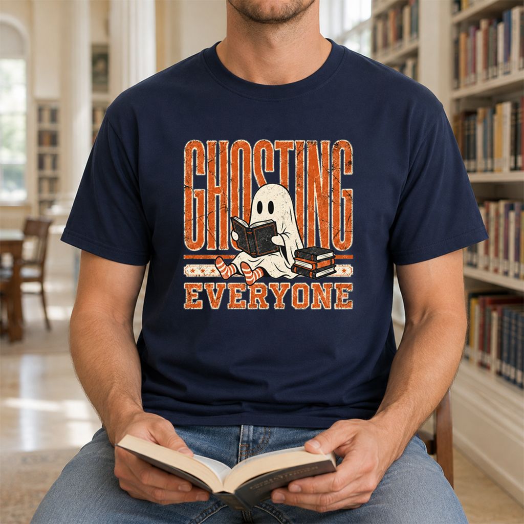 "Ghosting Everyone" Printed T-Shirt | Halloween Reader Gift Navy