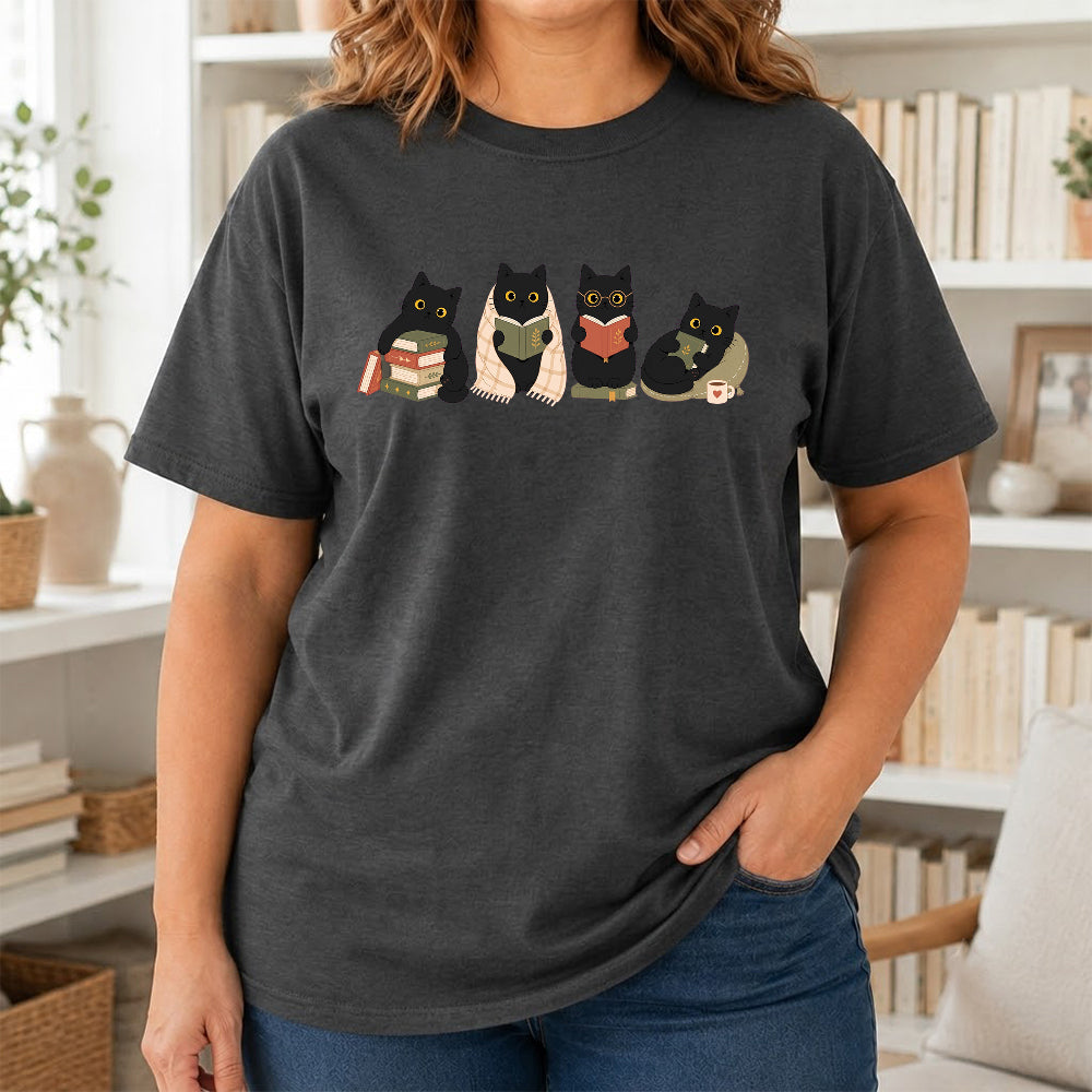 Black Cats Reading Softstyle T-Shirt | Book Lover Gift Dark Heather