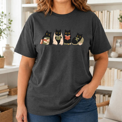 Black Cats Reading Softstyle T-Shirt | Book Lover Gift Dark Heather