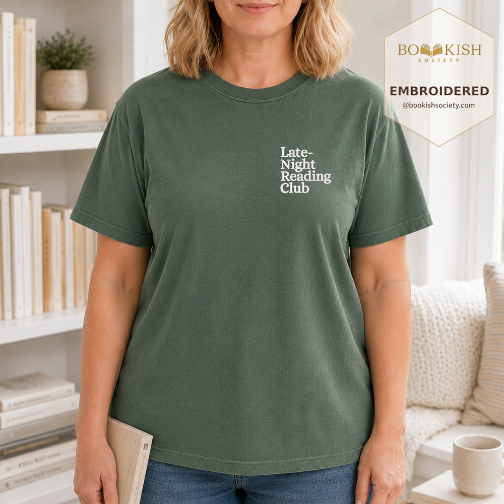 Late Night Reading Club Embroidered Comfort Color® T-shirt | Book Lover Gift Moss