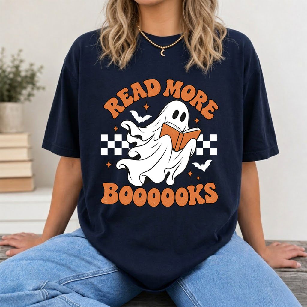 Read More Books Flying Ghost Printed T-Shirt | Halloween Book Lover Gift Navy