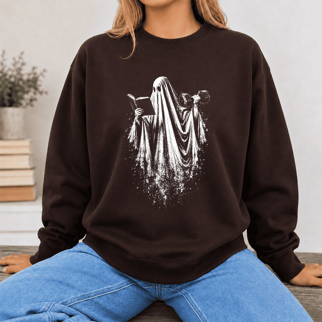 Reading Gym Ghost Printed Sweatshirt | Halloween Book Lover Gift Dark Chocolate