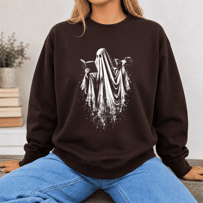 Reading Gym Ghost Printed Sweatshirt | Halloween Book Lover Gift Dark Chocolate