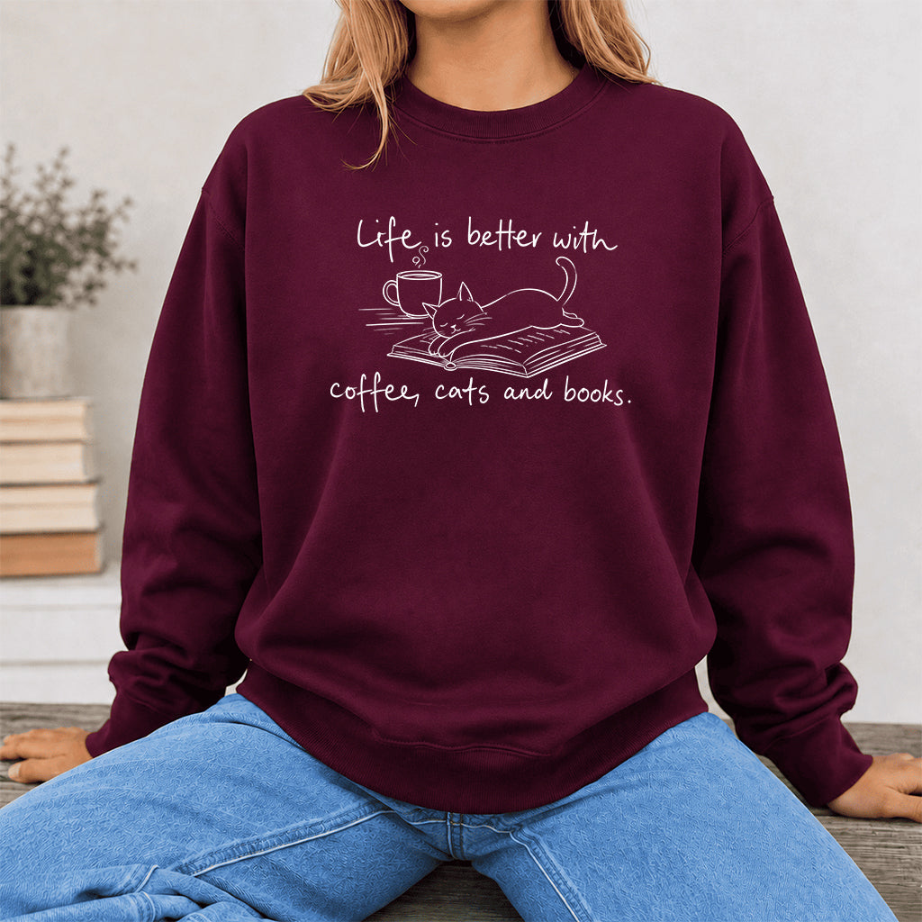 Funny Cats and Books Crewneck Sweatshirt | Reader Gift Maroon