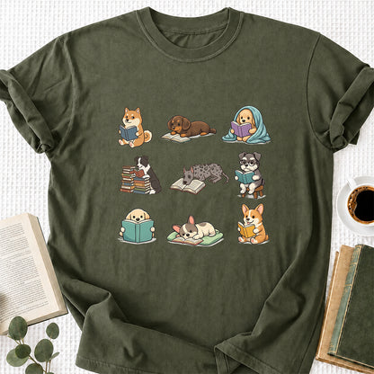 Funny Dogs Reading Softstyle T-Shirt | Book Lover Gift Military Green