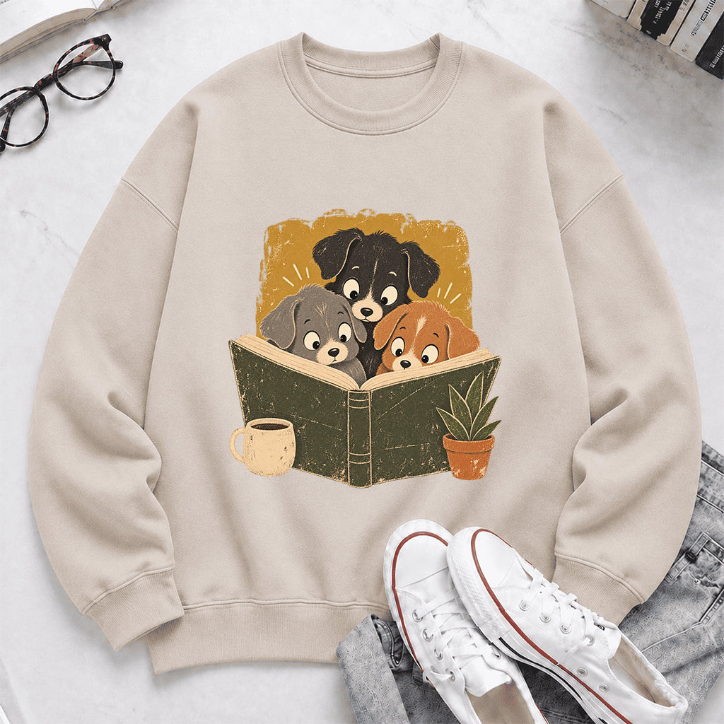 Minimal Japanese Dogs Reading Crewneck Sweatshirt | Reader Gift Sand