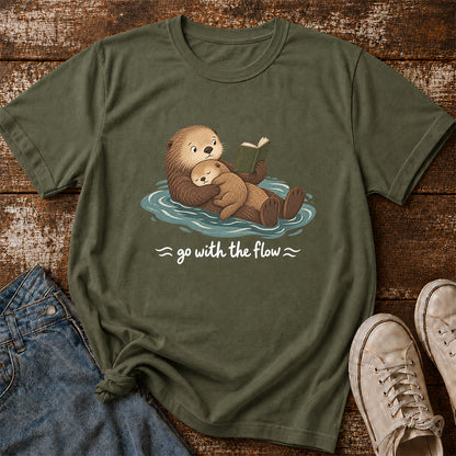 Go With The Flow Otter Reading Softstyle T-Shirt | Book Lover Gift Military Green