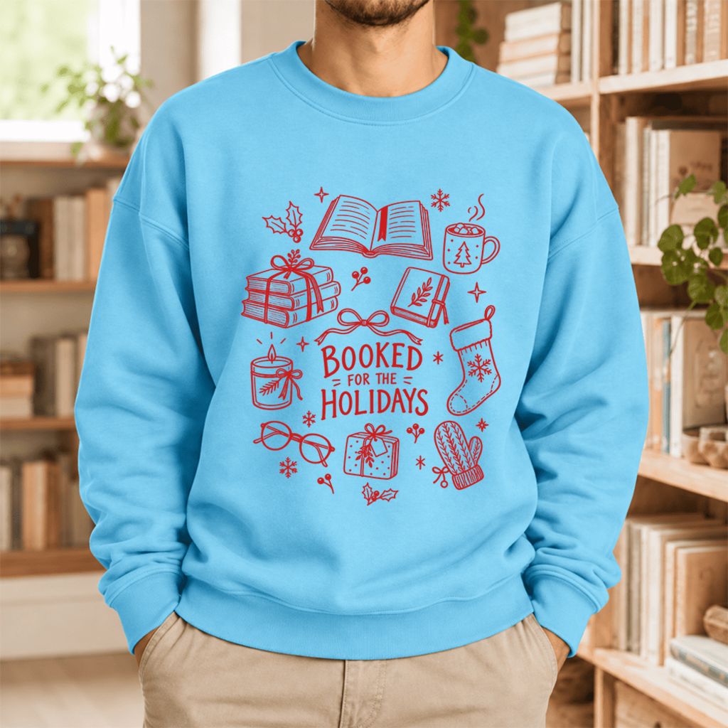 Booked For The Holidays Softstyle Sweatshirt | Christmas Book Lover Gift Sky