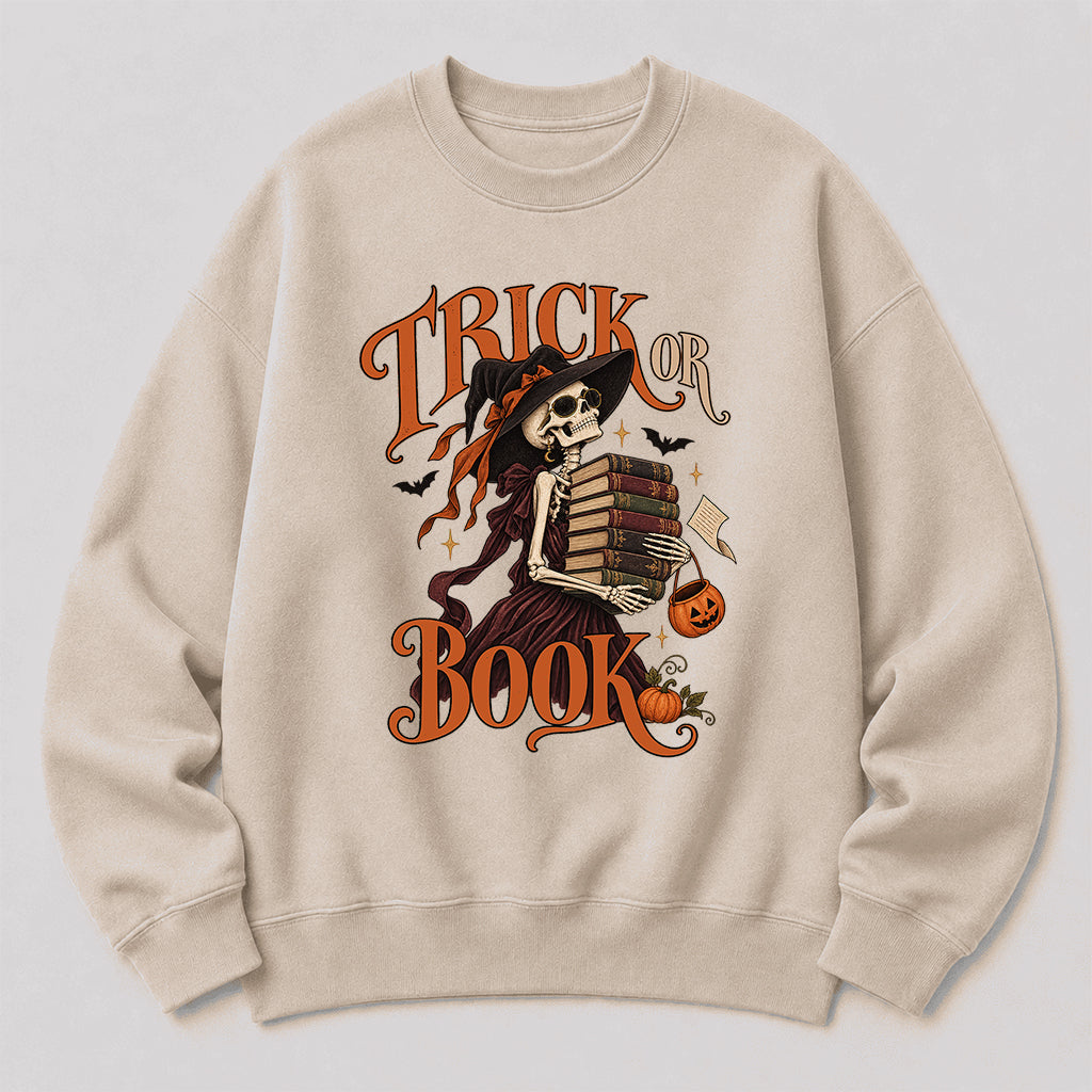 Trick Or Book Printed Sweatshirt | Halloween Book Lover Gift Sand