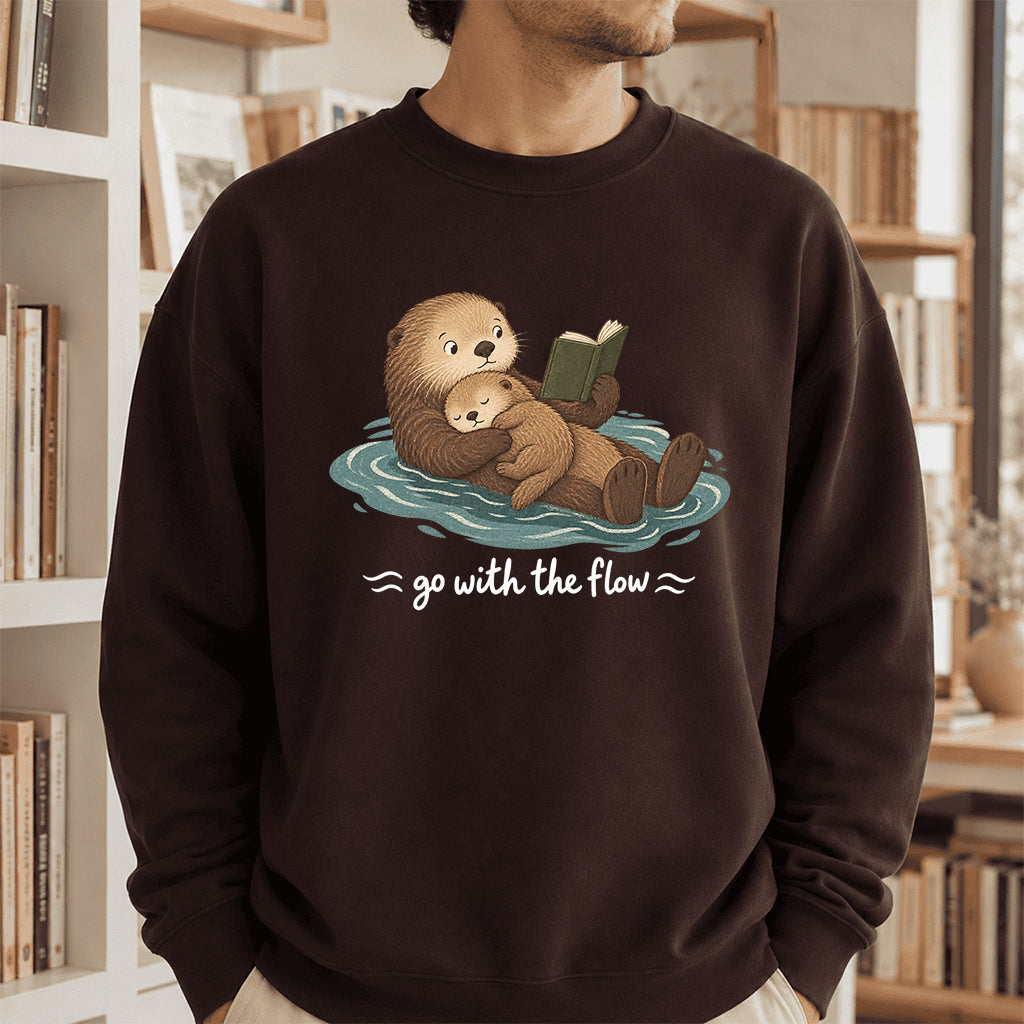 Go With The Flow Otter Reading Crewneck Sweatshirt | Reader Gift Dark Chocolate