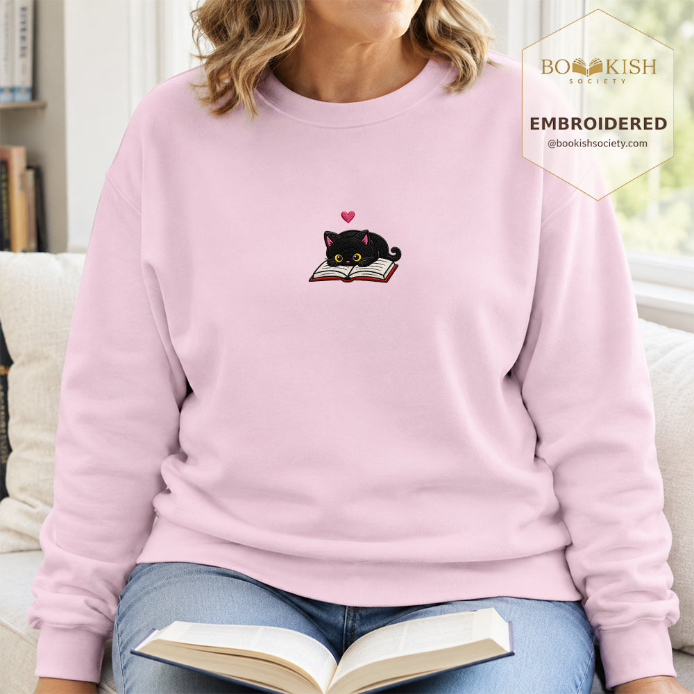 Black Cat and Book Embroidered Sweatshirt | Reader Gift Light Pink