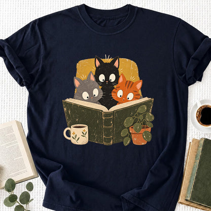 Minimal Japanese Cats Reading Softstyle T-Shirt | Book Lover Gift Navy