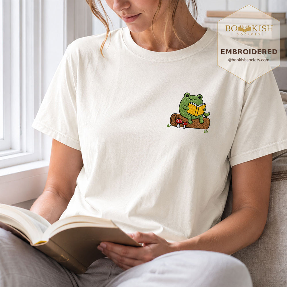 Embroidered Frog on Log Reading Book Comfort Color® T-shirt Book Lover Gift Ivory