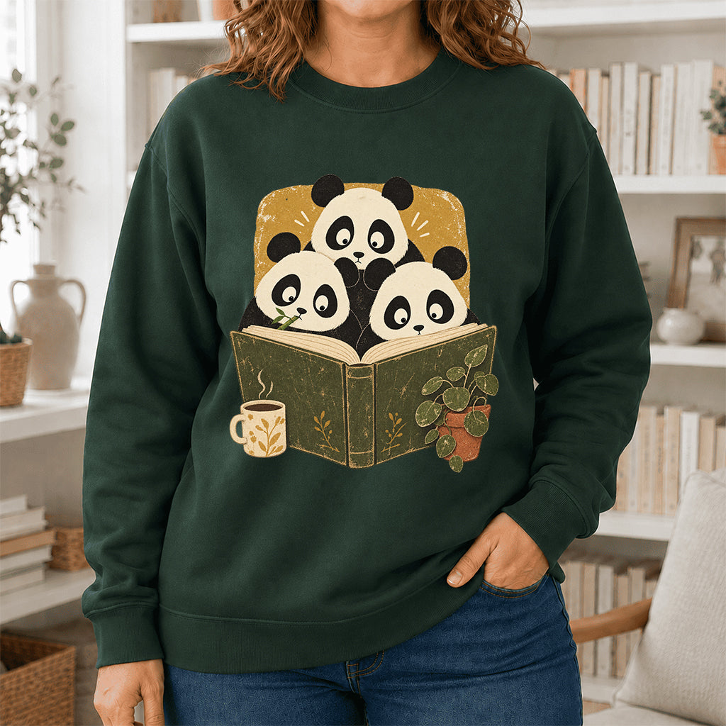 Curious Pandas Reading Crewneck Sweatshirt | Panda Lover & Reader Gift Forest Green