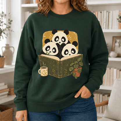 Curious Pandas Reading Crewneck Sweatshirt | Panda Lover & Reader Gift Forest Green