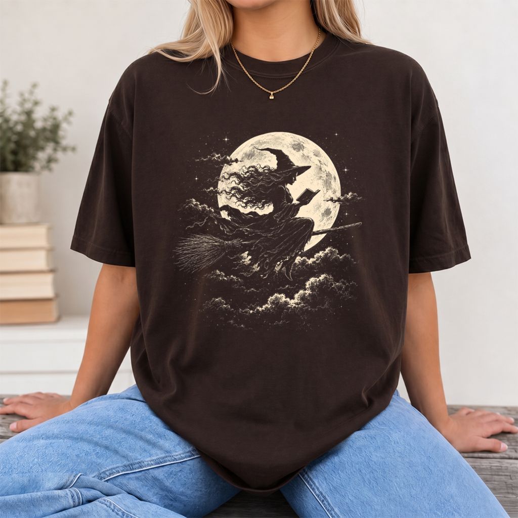 Reading Witch On The Flying Broom Printed T-Shirt | Halloween Book Lover Gift Dark Chocolate