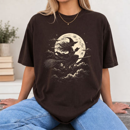 Reading Witch On The Flying Broom Printed T-Shirt | Halloween Book Lover Gift Dark Chocolate