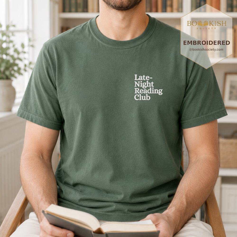Late Night Reading Club Embroidered Comfort Color® T-shirt | Book Lover Gift Moss