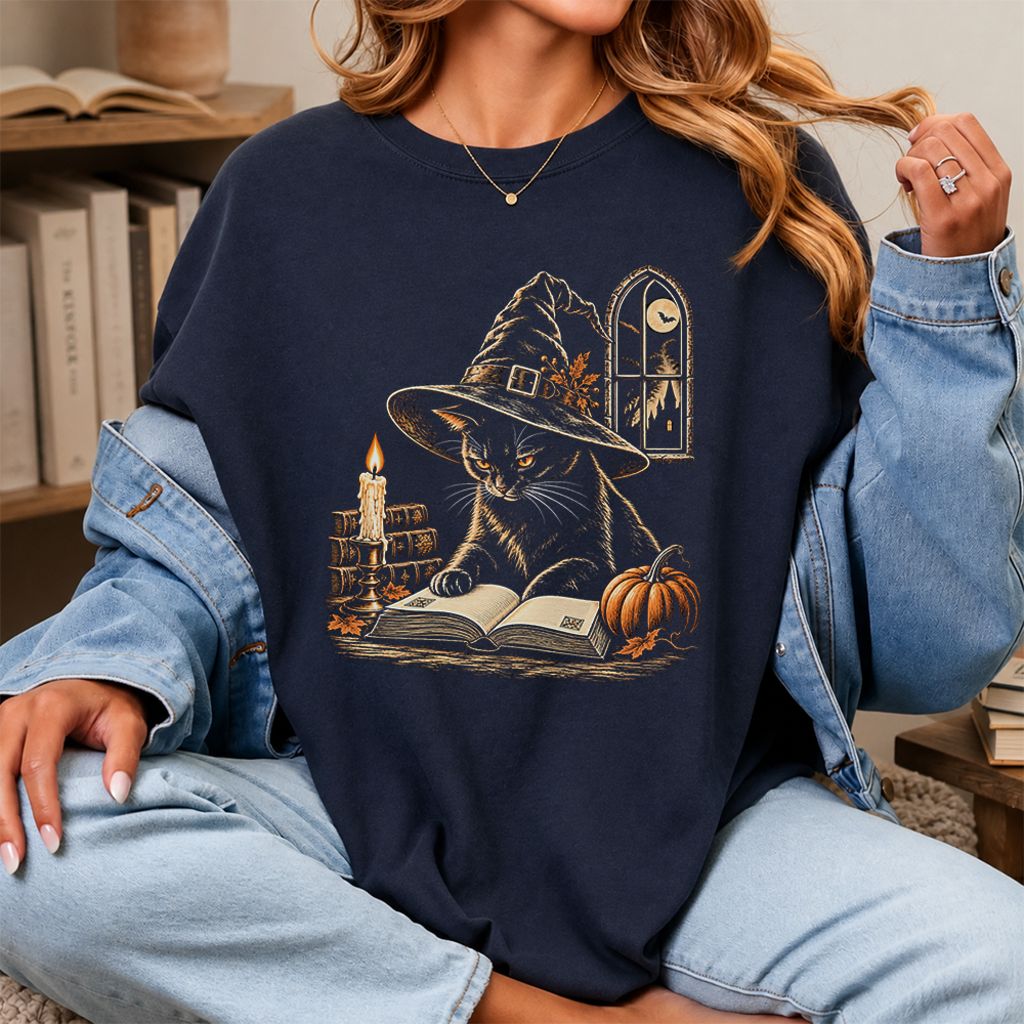 Reading Black Cat Witch Printed T-Shirt | Halloween Book Lover Gift Navy